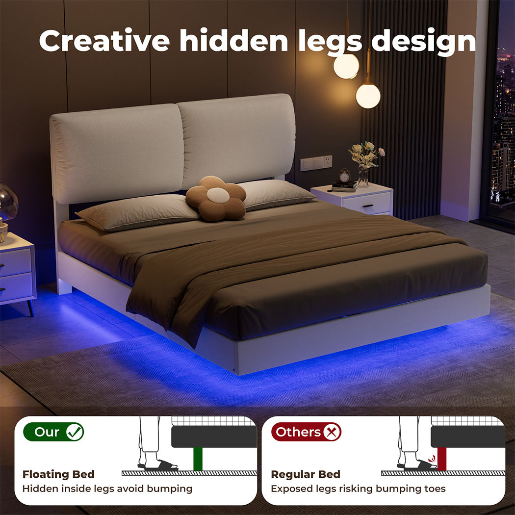 Floating Bed Frame With RGB LED Light Headboard Base Platform Double