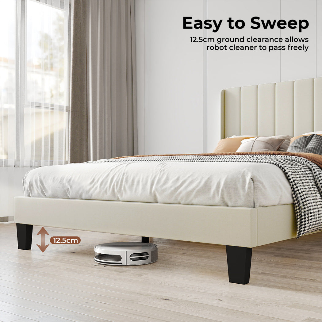 Metal Wooden Bed Frame Double Panel Plush Upholstered Mattress Platform