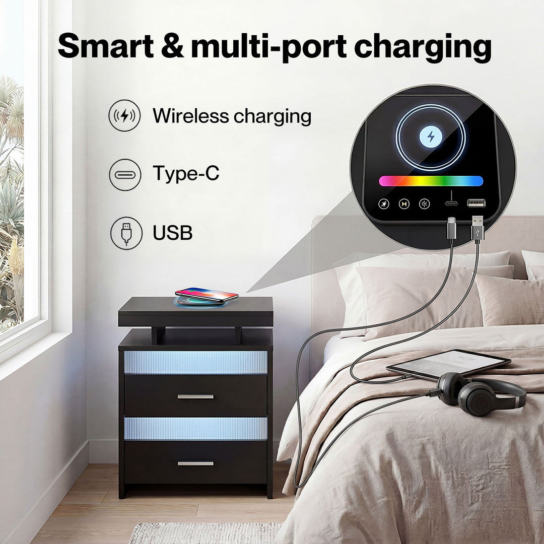 Smart Bedside Table Motion Sensor Charging Modern Nightstand RGB Bedroom