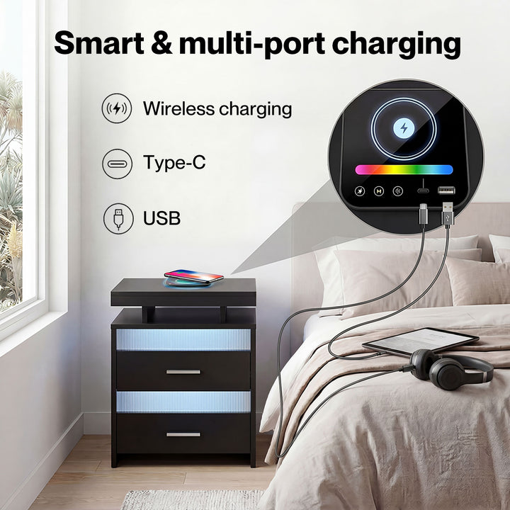 Smart Bedside Table Motion Sensor Charging Modern Nightstand RGB Bedroom