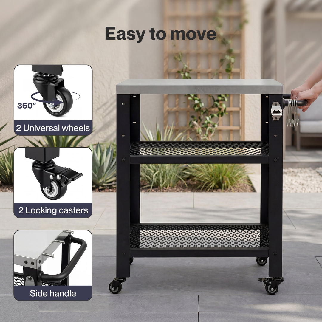 Outdoor Kitchen Cart Mobile BBQ Grill Trolley Stainless Steel Prep Table