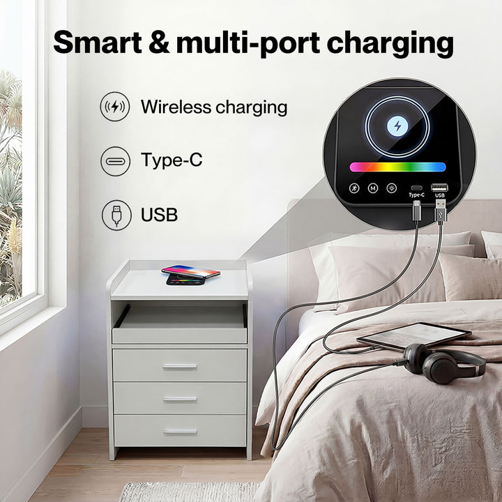 Smart Bedside Table USB Wireless Charging Motion Sensor Light Nightstand