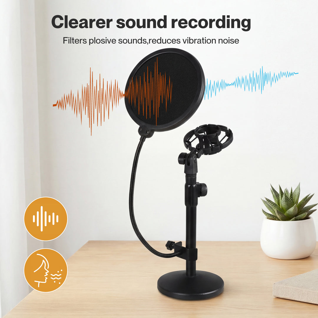Desktop Microphone Stand Adjustable Pop Filter Shock Mount Base Kit Black