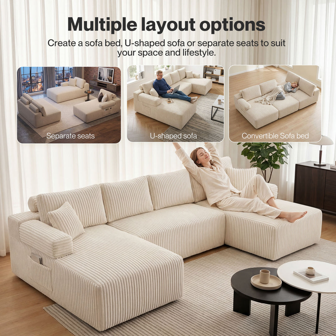 Modular Sofa Lounge Set Corduroy U Shaped Sectional Cloud Couch Beige