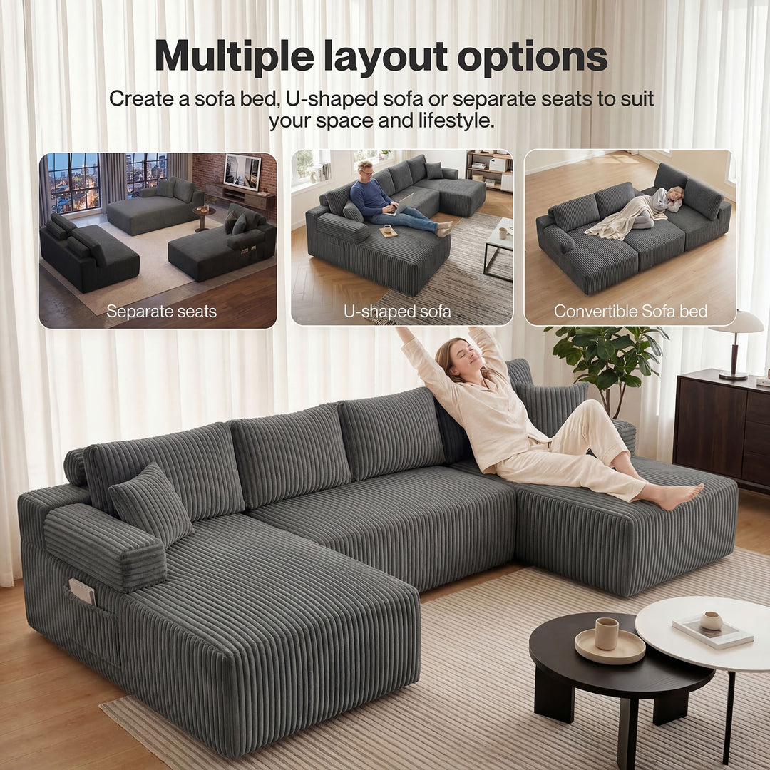 Modular Sofa Lounge Set Corduroy U Shaped Sectional Cloud Couch Grey