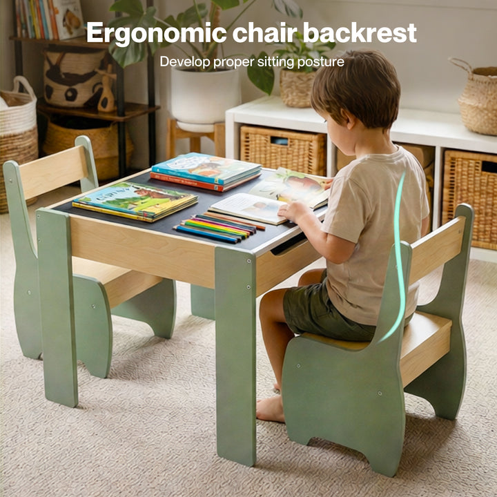 Kids Table and Chairs Set 3-in-1 Chalkboard Storage Learning Dining Desk