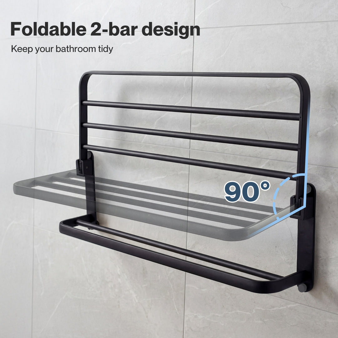 Towel Rack Bathroom 2 Bars Rail Holder Wall Mounted Storage Shelf Black