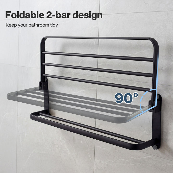 Towel Rack Bathroom 2 Bars Rail Holder Wall Mounted Storage Shelf Black