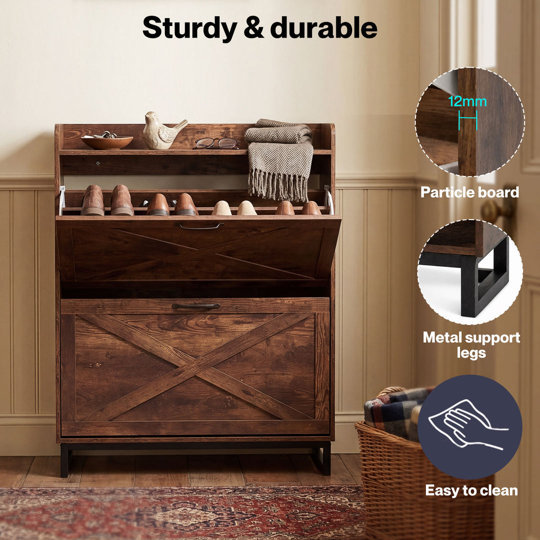 Shoe Cabinet 2 Flip Drawers Storage Organiser Removable Shelf Hallway