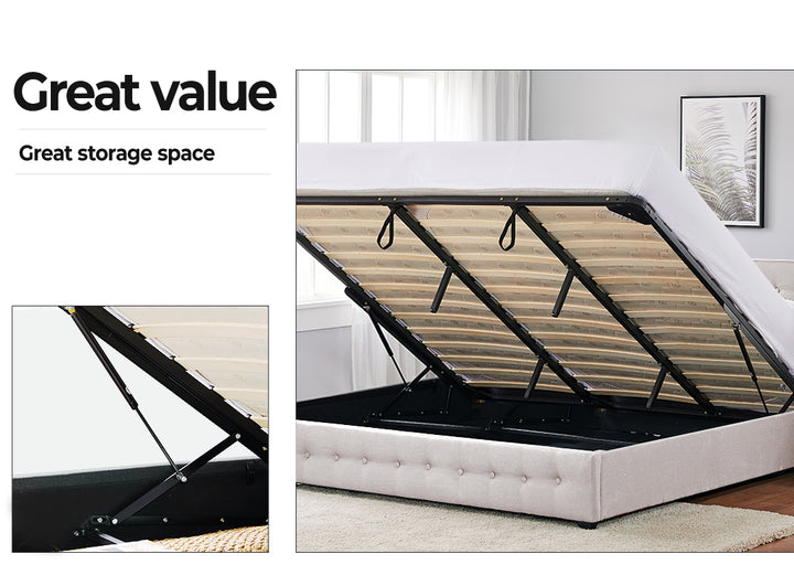 King Bed Frame Fabric Tufted Mattress Platform Gas Lift Storage Beige
