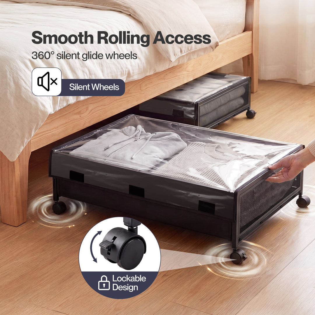 Under Bed Storage Box 2PCS Wheels Clothes Organizer Dustproof 2 x 48L