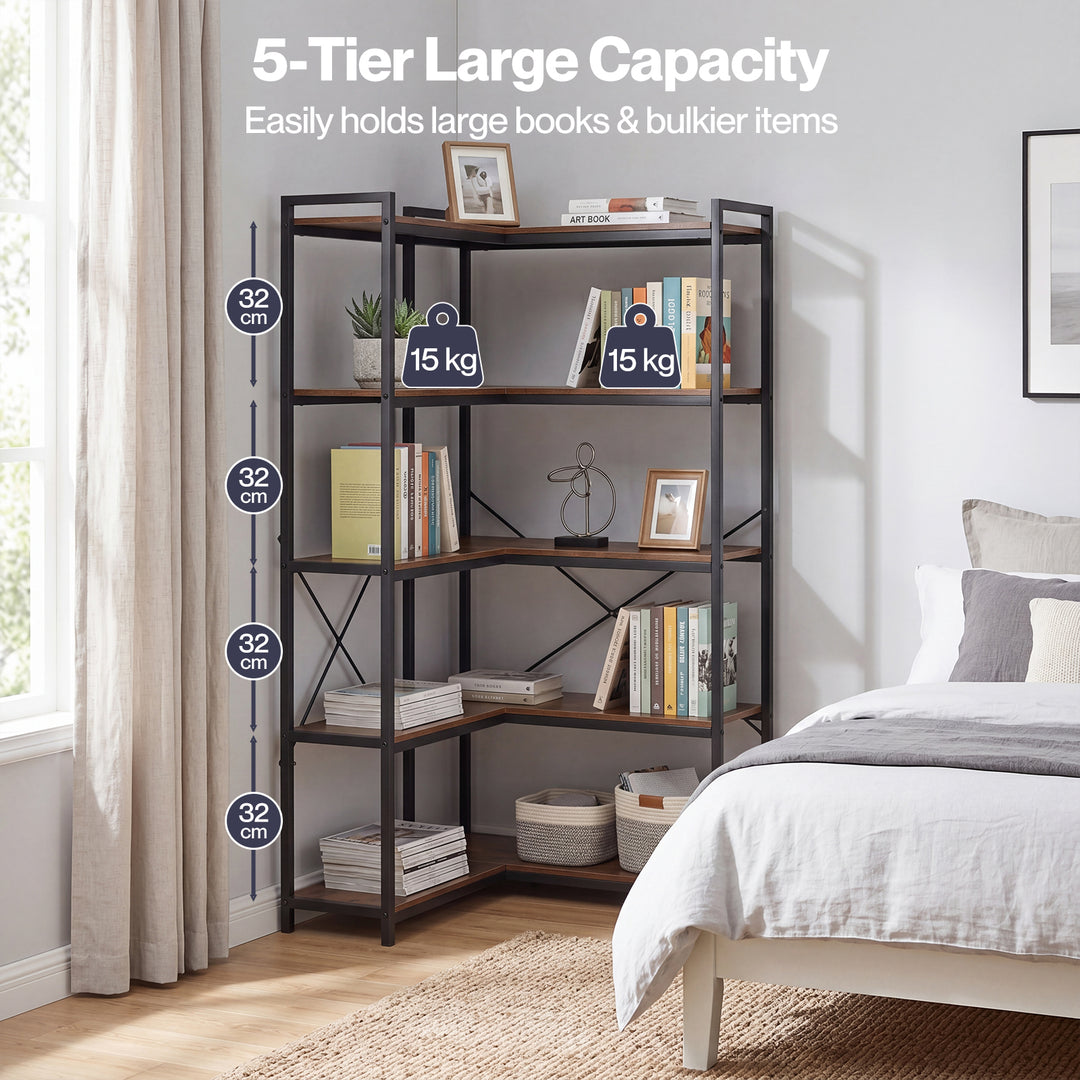 Corner Bookshelf 5 Tier Bookcase L Shape Storage Shelf Display Rack Brown
