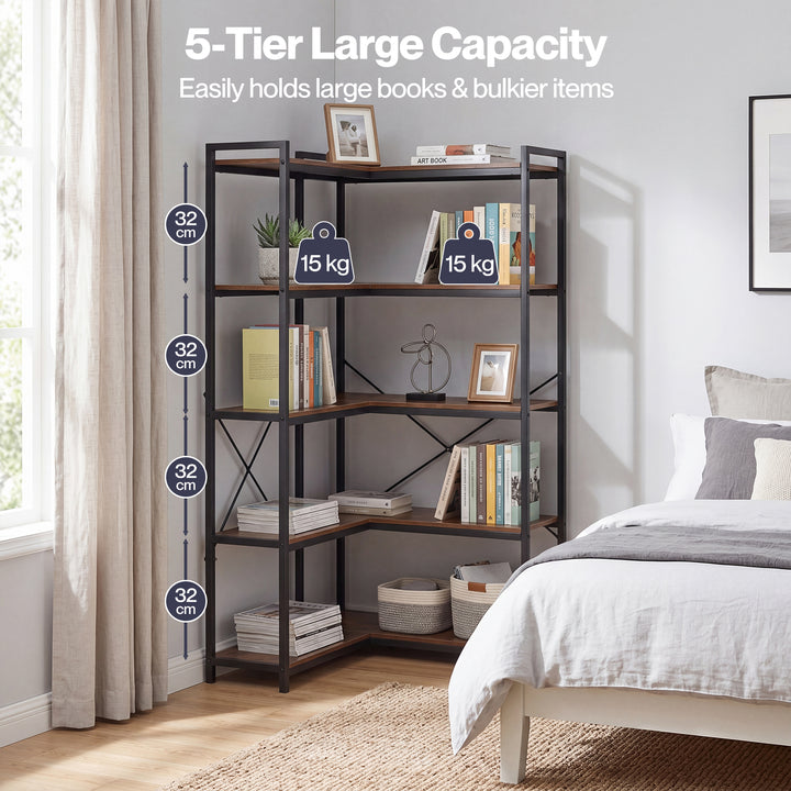 Corner Bookshelf 5 Tier Bookcase L Shape Storage Shelf Display Rack Brown