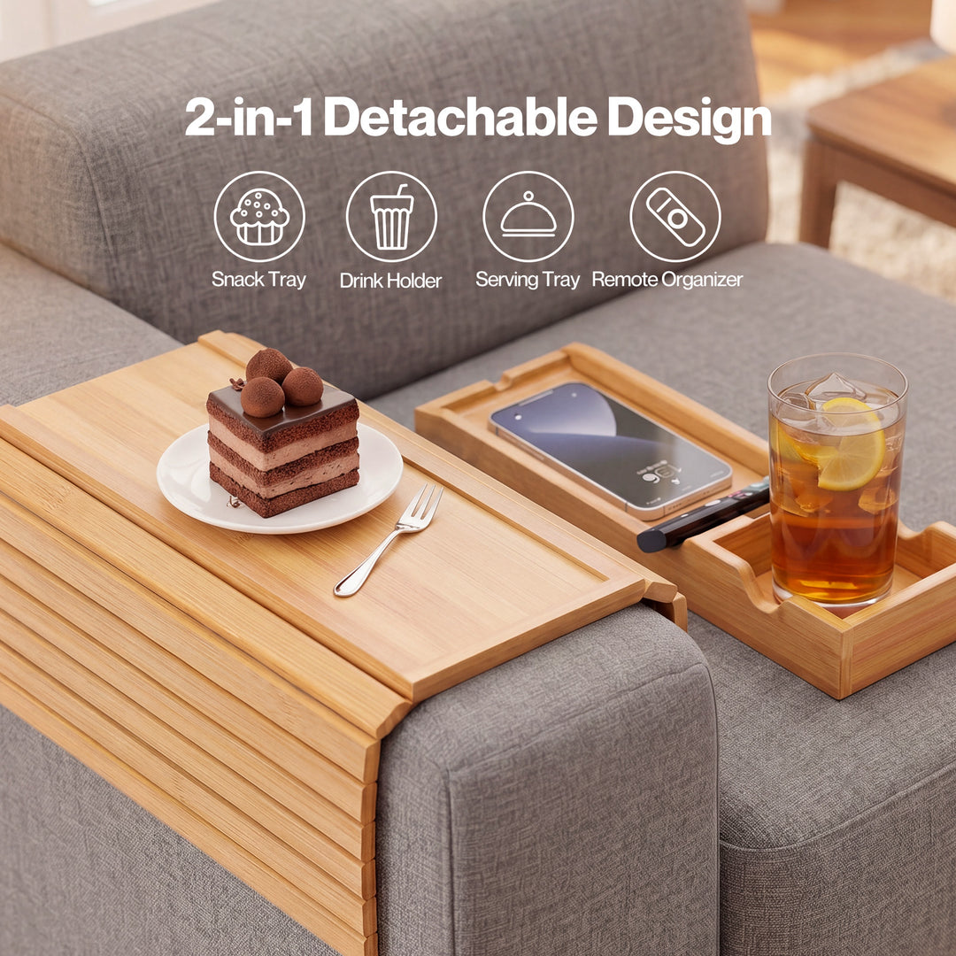 Bamboo Sofa Arm Tray Cup Holder Detachable Couch Side Table Non-Slip