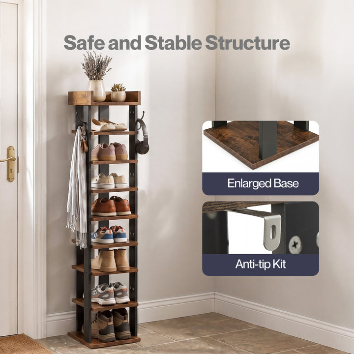 Narrow Shoe Rack Vertical 9-Tier Shoe Storage Organiser Shelf Side Hooks