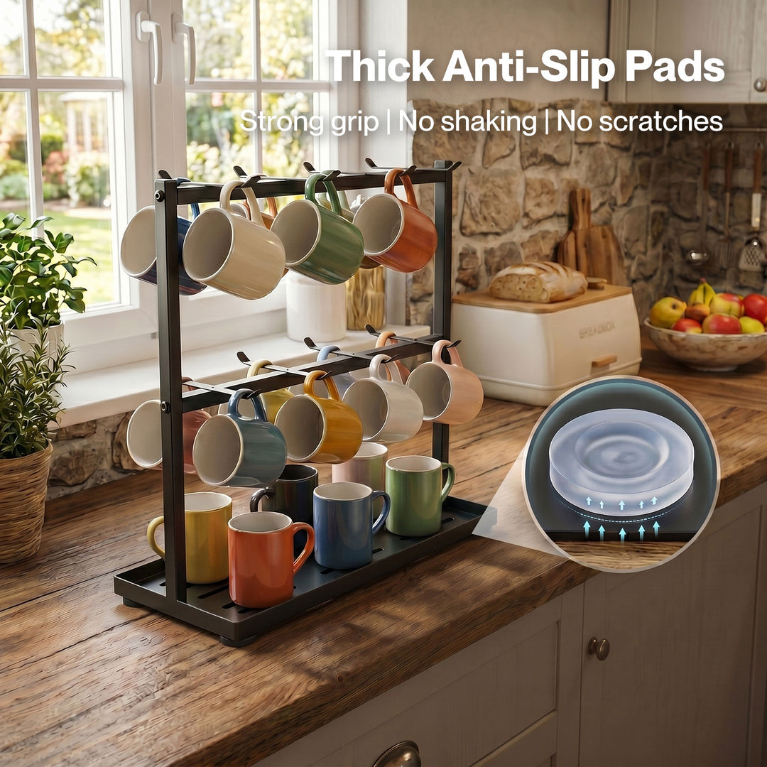 Mug Rack 2 Tier 16 Hook Metal Coffee Cup Holder Stand Organizer Kitchen