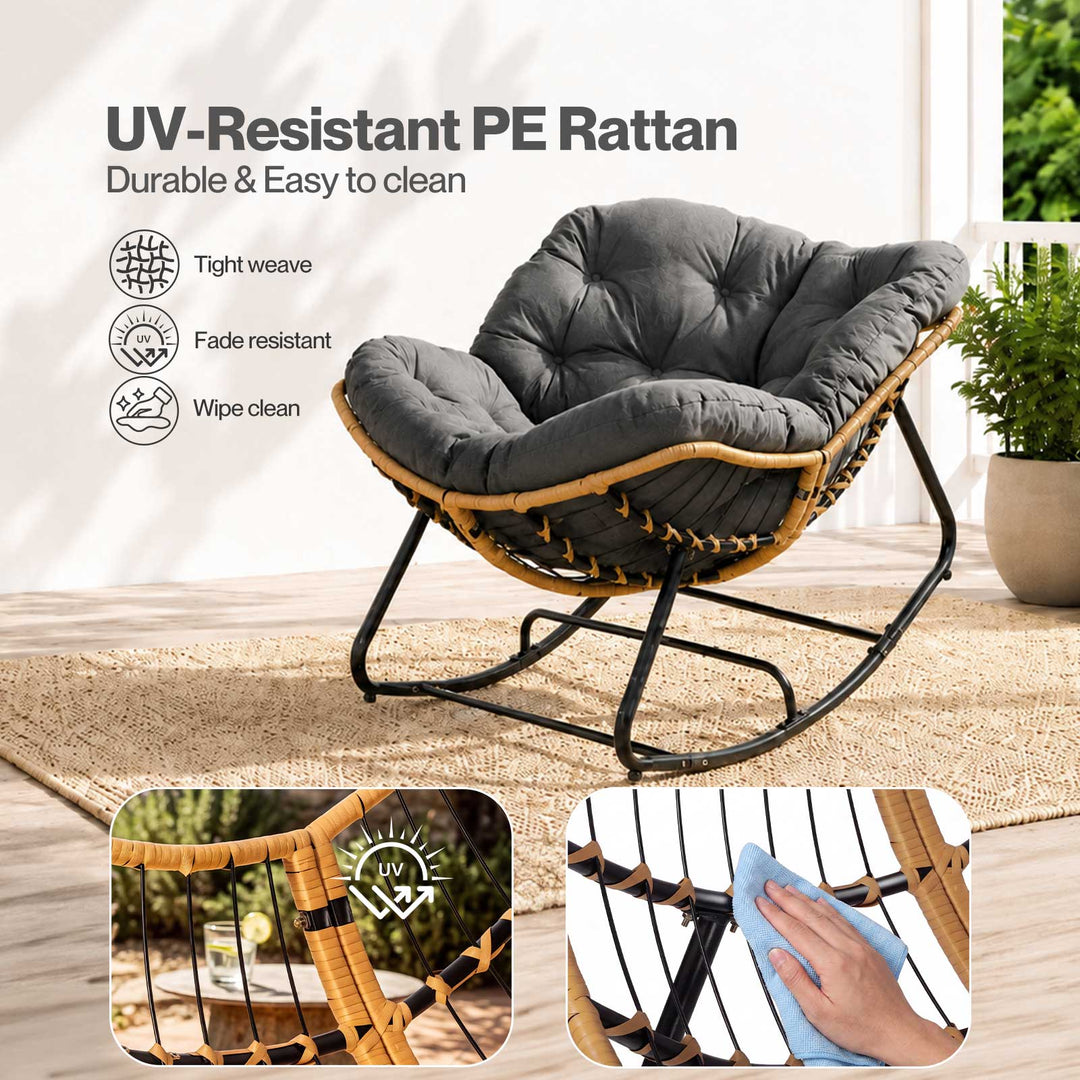 Rocking Chair with Thick Cushion PE Rattan Silent Strip Indoor Patio Grey
