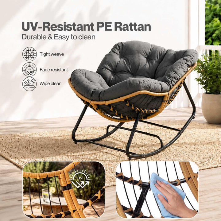 Rocking Chair with Thick Cushion PE Rattan Silent Strip Indoor Patio Grey
