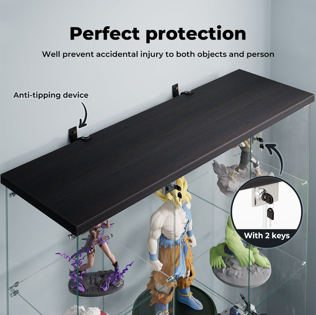 Glass Display Cabinet 4 Tier Lockable Wheeled Key Showcase Storage 169cm