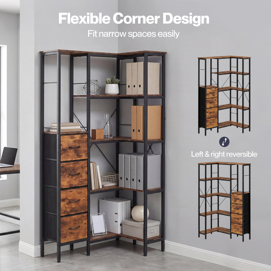Corner Bookshelf with 4 Fabric Drawers & LED Light 5 Tier Bedroom Rustic