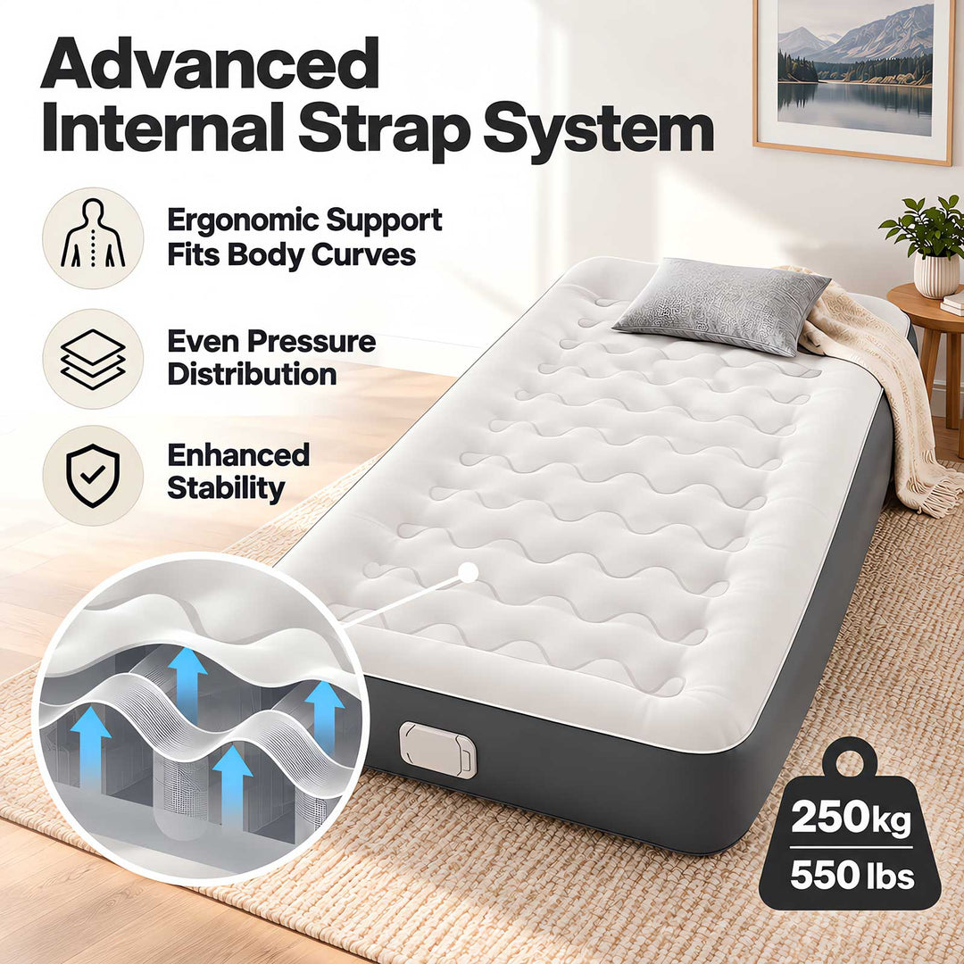 Inflatable Mattress TPU Air Bed with Pillow Pump Camping Single Grey