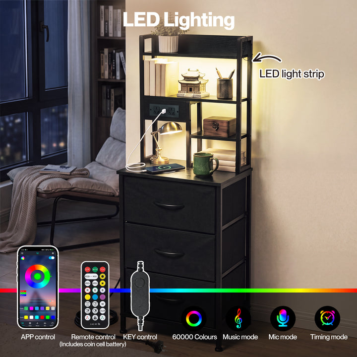 Bedside Table with Charging Station 3 Drawer RGB Light Night Stand Black