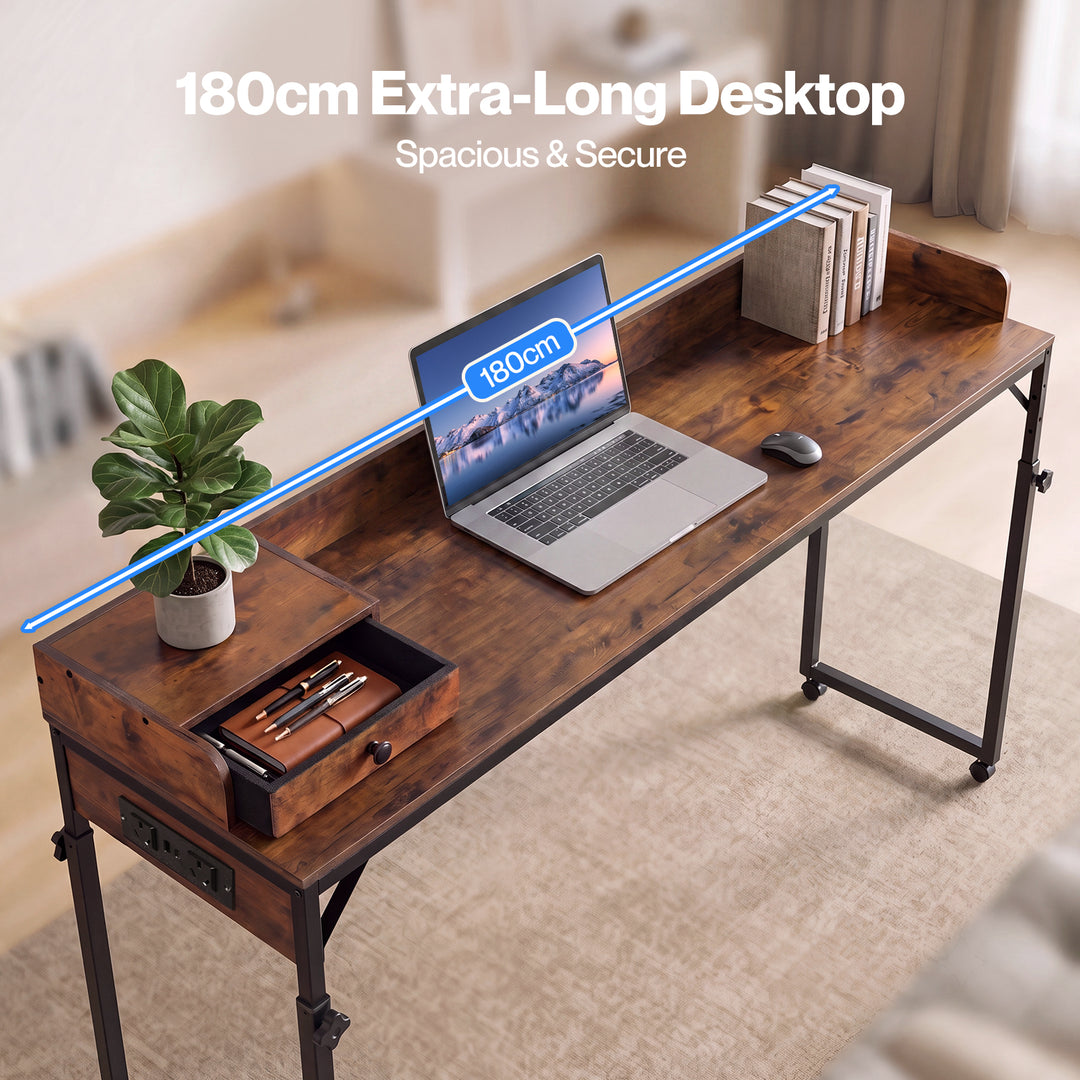 Overbed Table 180cm 84-109cm Mobile with Charging Station Bedroom Brown