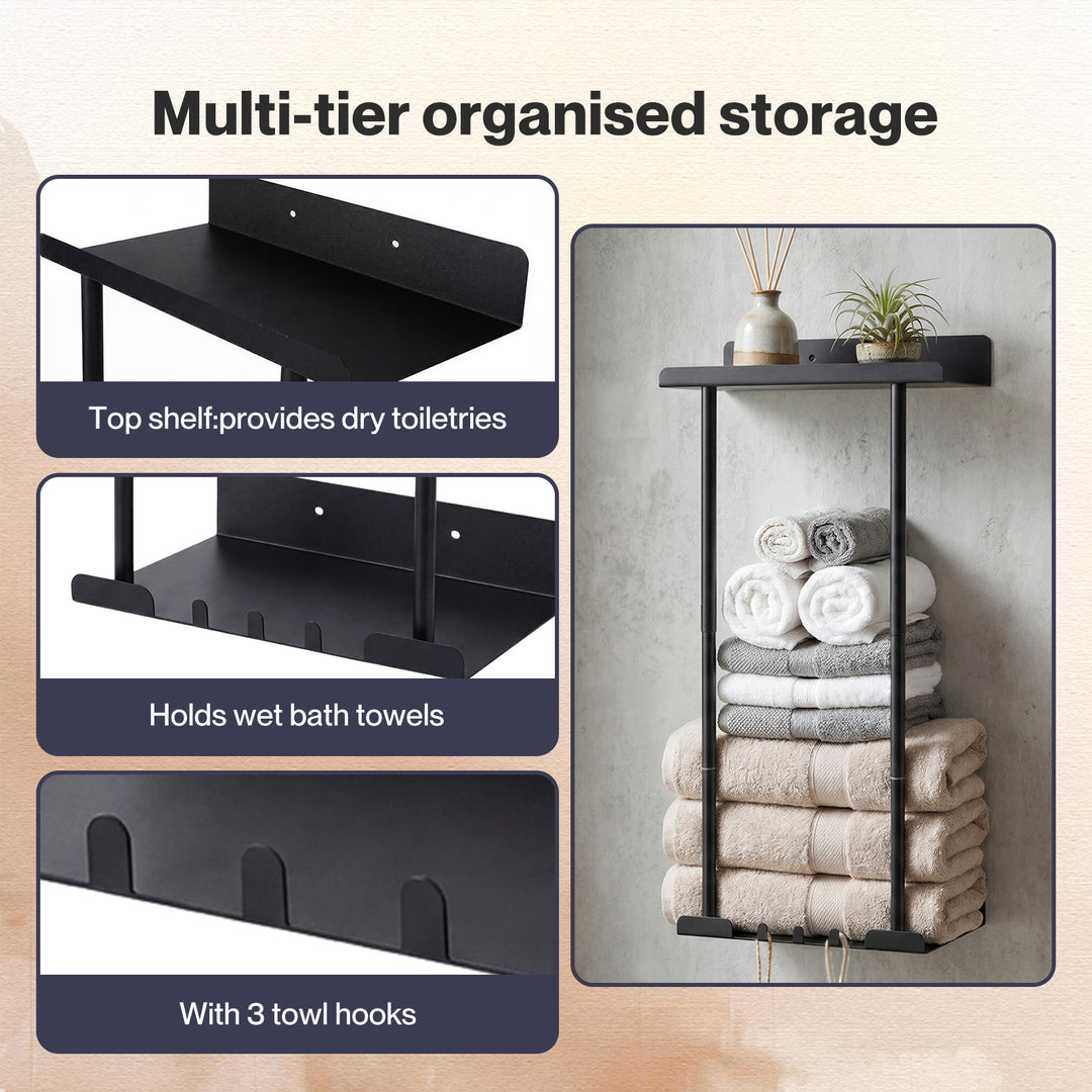 Adjustable Towel Rack 3 Hooks Bathroom Towel Storage Holder Wall Mounted