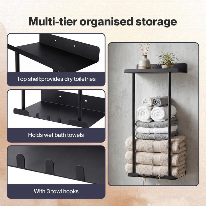 Adjustable Towel Rack 3 Hooks Bathroom Towel Storage Holder Wall Mounted