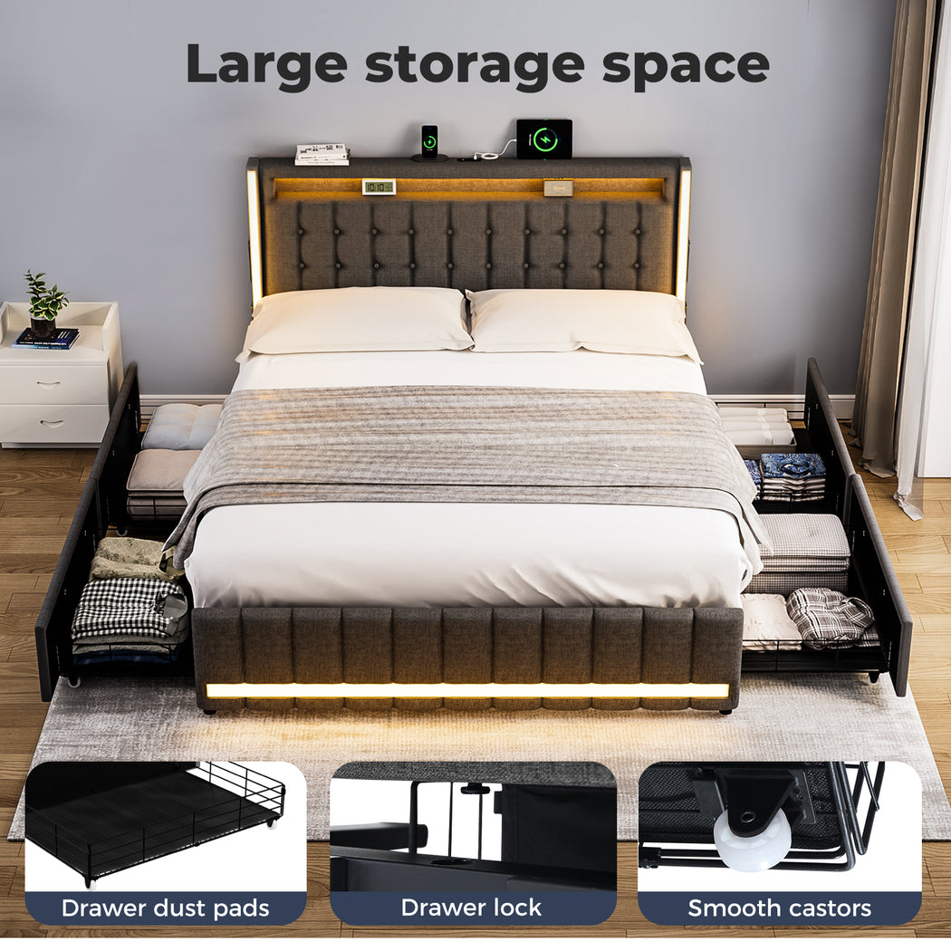 Levede Double Solid Bed Frame Headboard RGB LED Lights 4 Drawer USB Charge