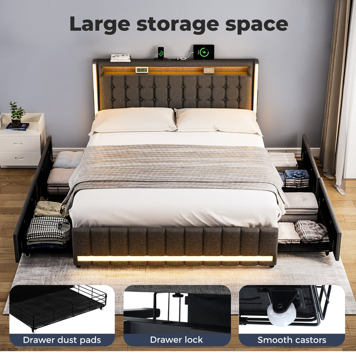 Levede Double Solid Bed Frame Headboard RGB LED Lights 4 Drawer USB Charge