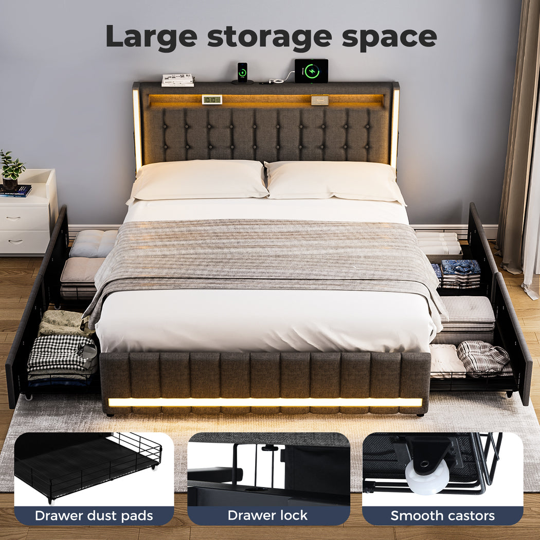 Levede Queen Solid Bed Frame Headboard RGB LED Lights 4 Drawer USB Charge