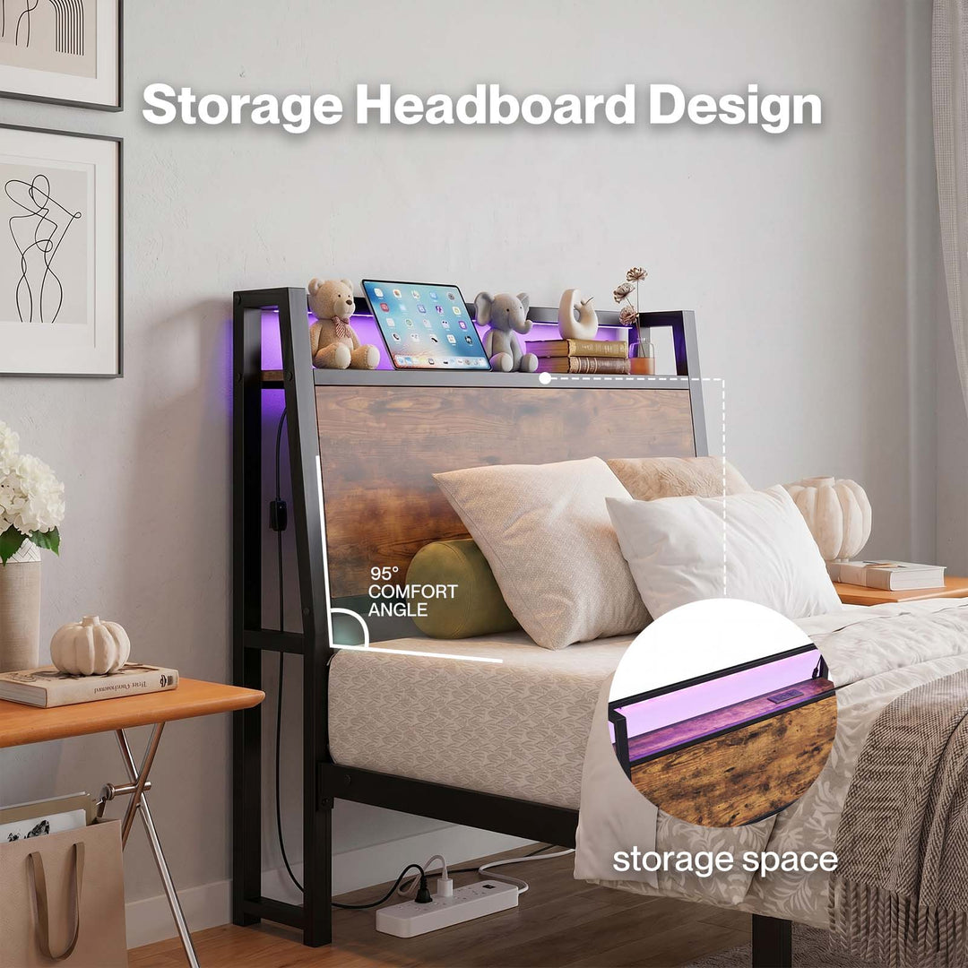 Levede Single Bed Frame LED Lights USB Charging Storage Headboard Metal Platform