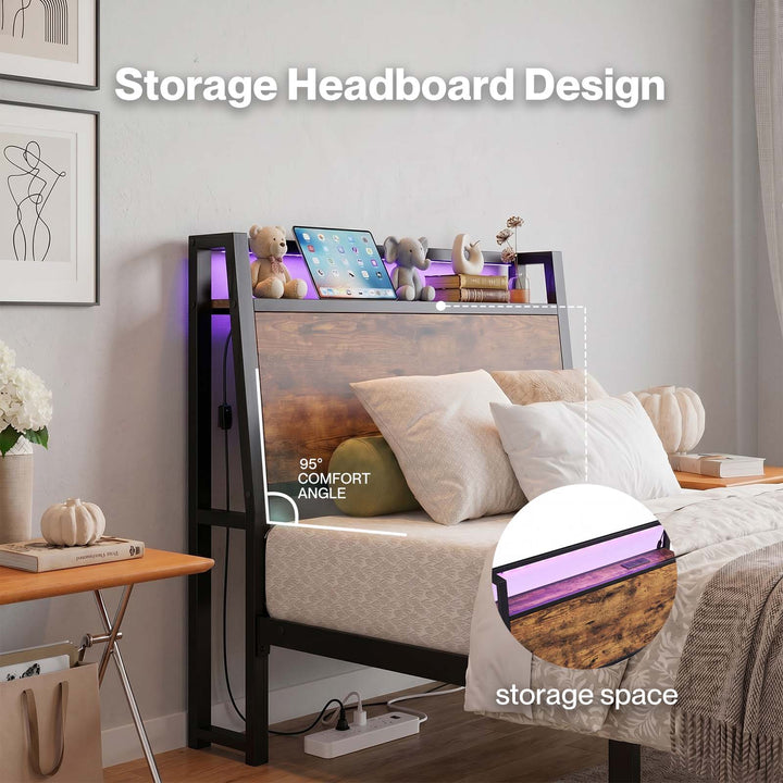 Levede Single Bed Frame LED Lights USB Charging Storage Headboard Metal Platform