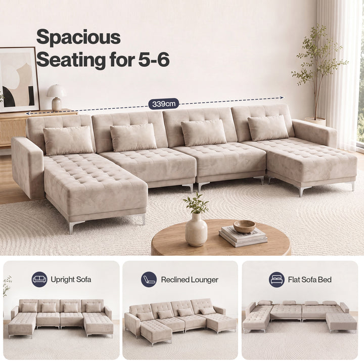 Sofa Bed U-Shaped Couches 339cm 5-6 Seater Suede Brown Living Room