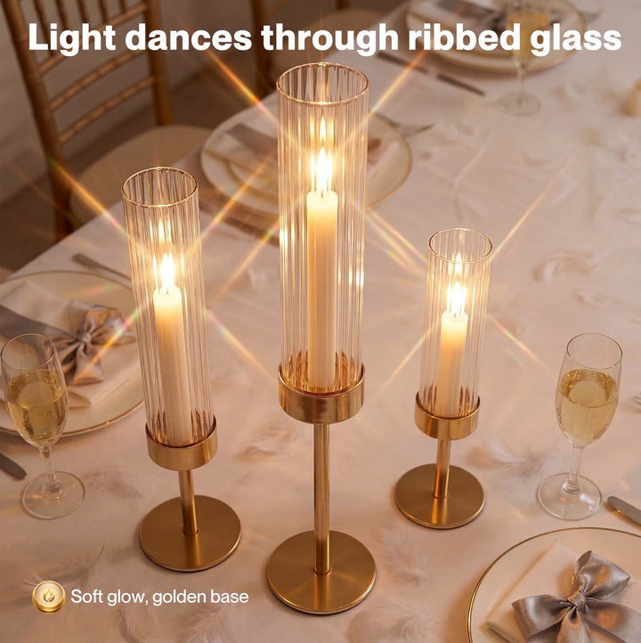 Candle Holder 3Pc Removable Windproof Glass Shade Metal  Gold
