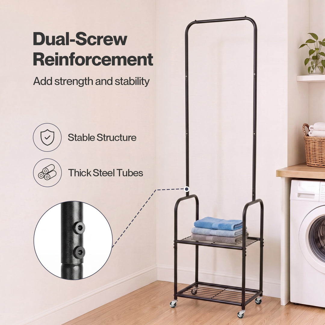 Clothes Rack Heavy Duty Garment Rack 2 Shelf Locking Wheels Bedroom Black
