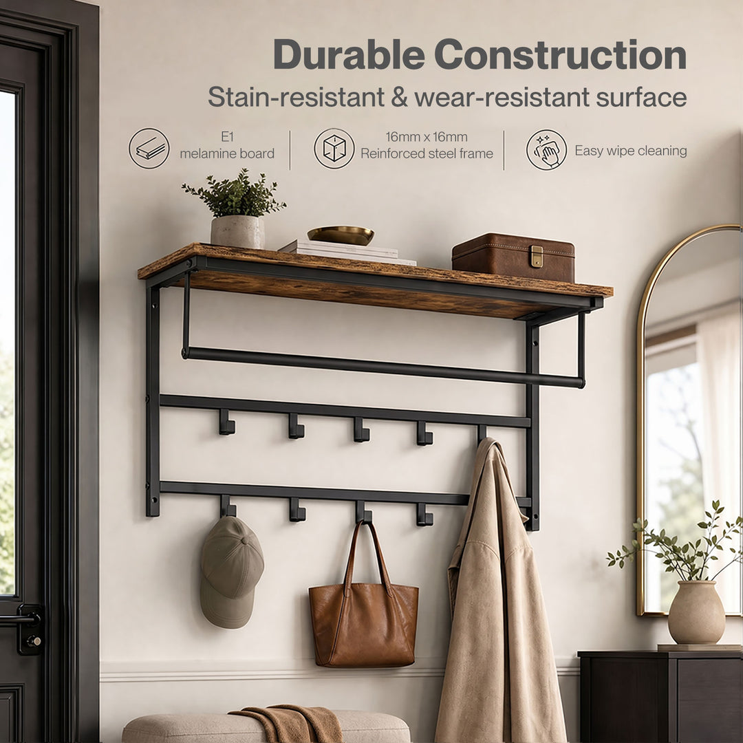 Floating Shelves 10kg Wall Shelf Hooks Coat Rack Metal Wood Black