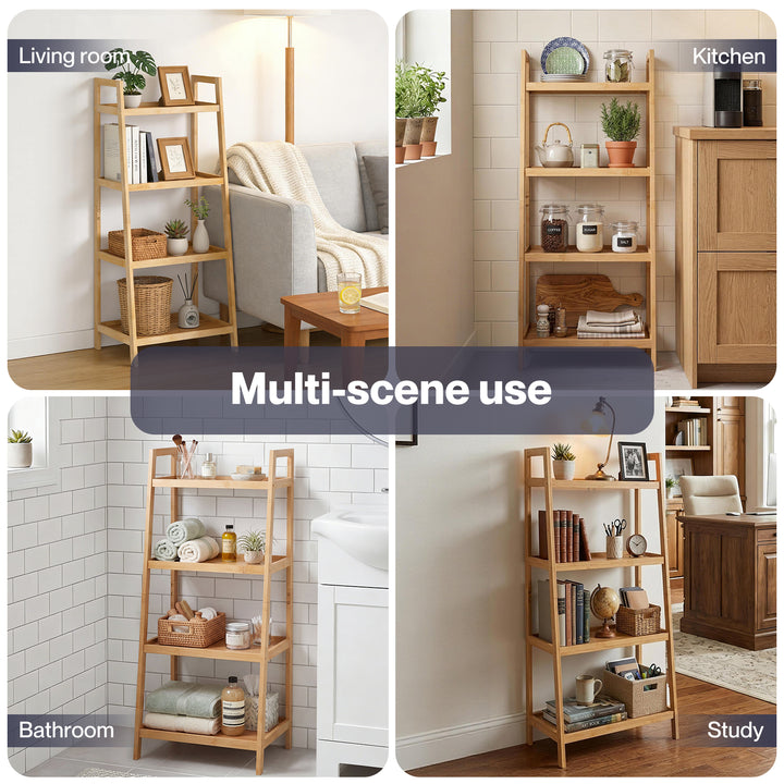 Bamboo Ladder Bookcase 4-Shelf Books Plant Storage Shelf Rack Organiser