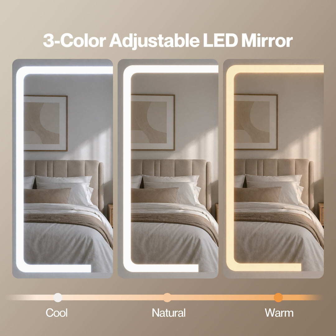 Dressing Table Vanity Stool Set Sliding LED Mirror Makeup Storage Shelves