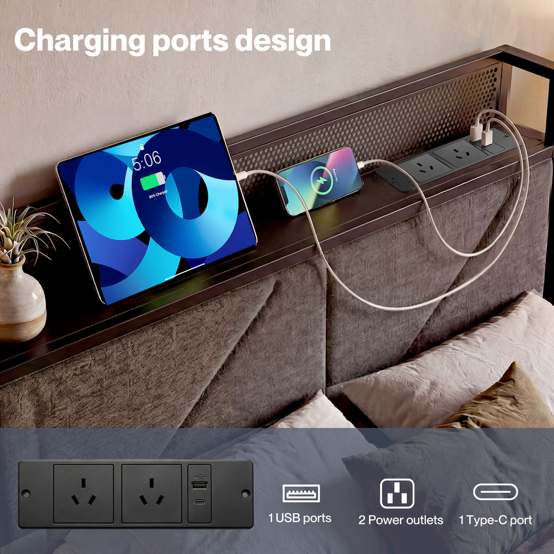Floating Bed Frame Double LED USB Power Storage Headboard Metal Base