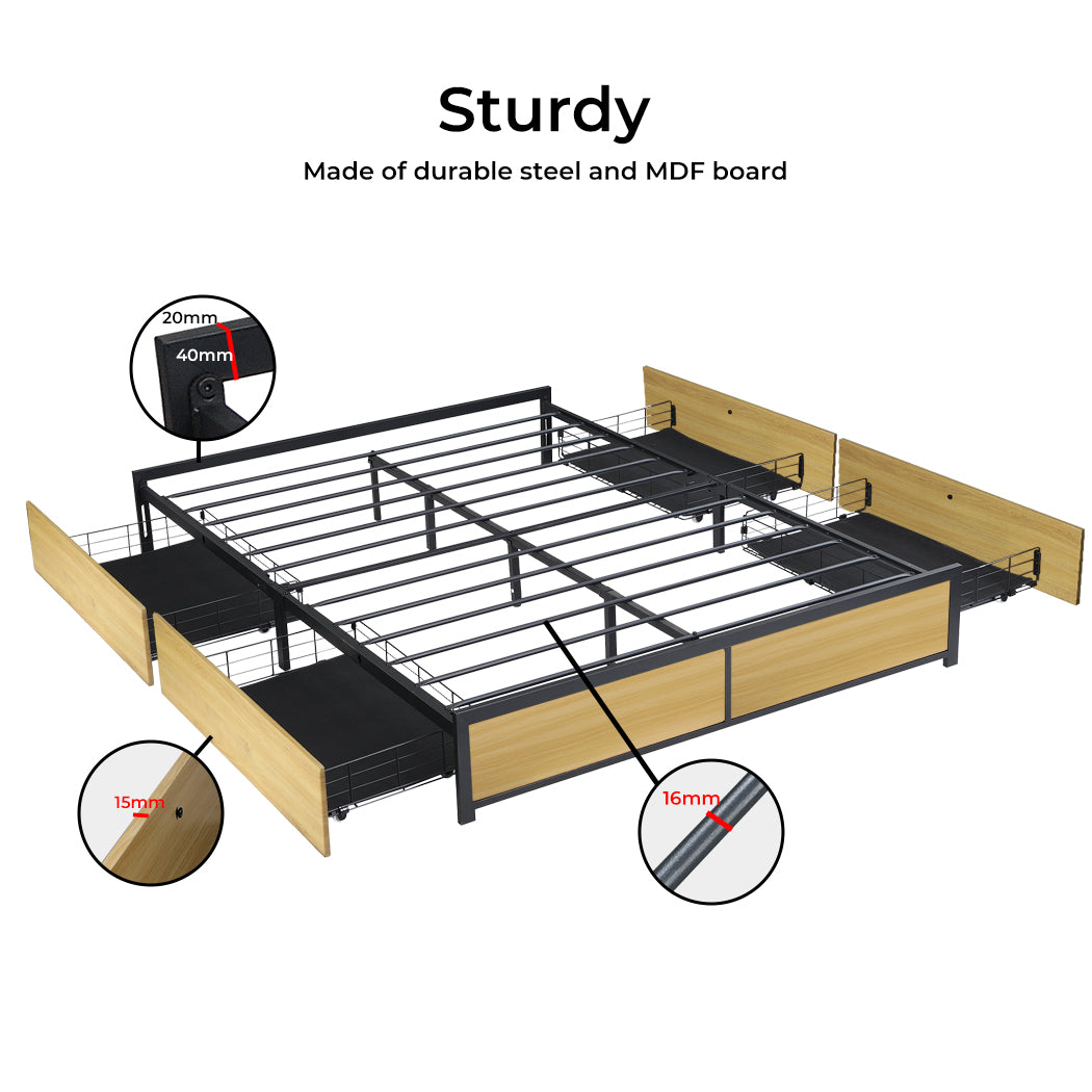Metal Bed Frame Mattress Base Platform Wooden 4 Drawers Queen Bedding