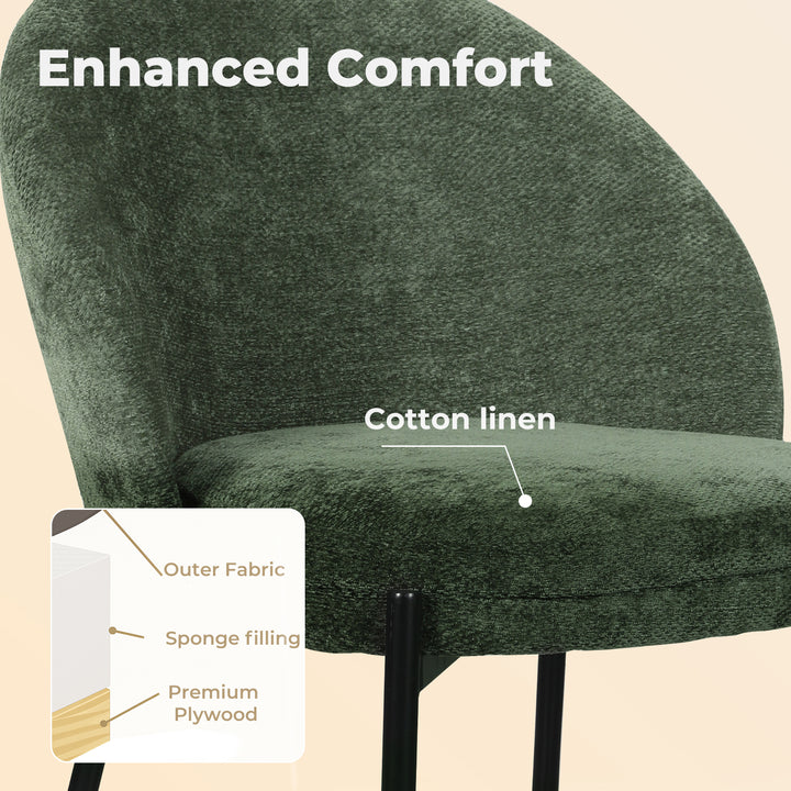 2x Dining Chairs Soft Padded Cotton-Linen Seat Metal Legs Olive Green