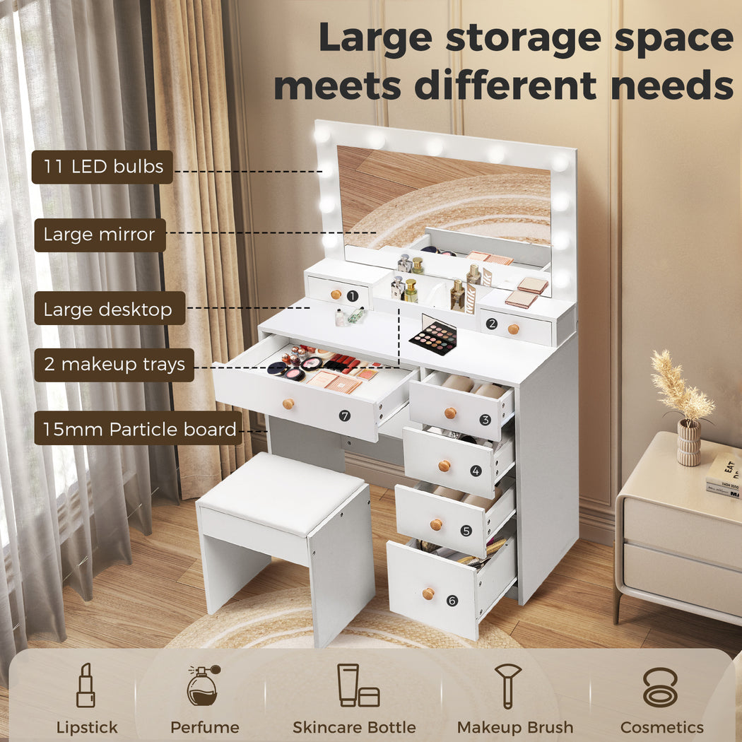 Dressing Table Stool Set 11 Bulbs Makeup Mirror Vanity Desk Cabinet White