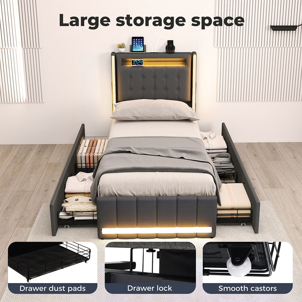 Single Bed Frame RGB LED Headboard with Drawers.