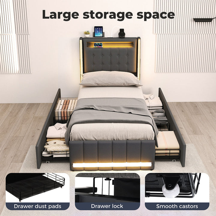 Single Bed Frame RGB LED Headboard with Drawers.