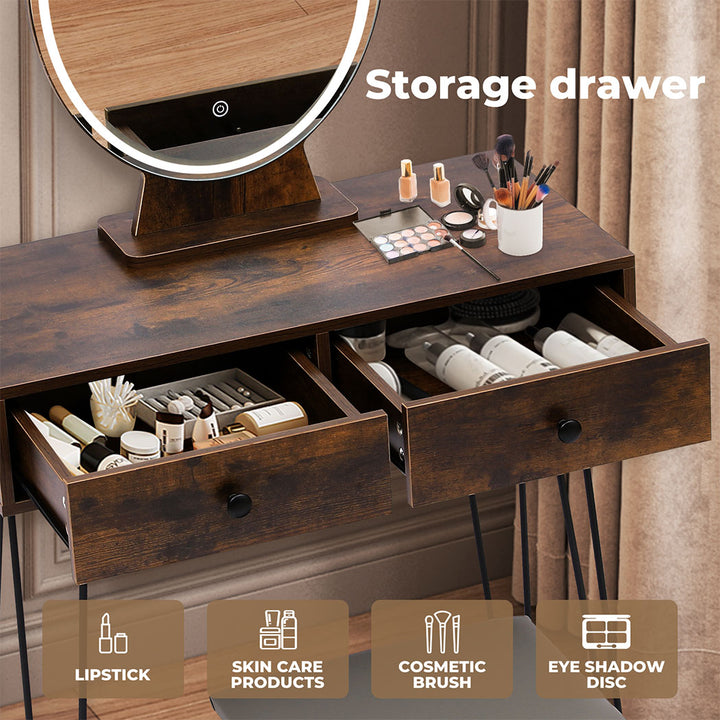 Levede Dressing Table LED Light Strip Makeup Mirror Stool Set Vanity Desk Brown