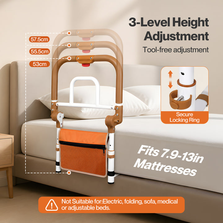 Bed Rail Foldable 2 Handle Adjustable Height Non-Slip Grip Orange