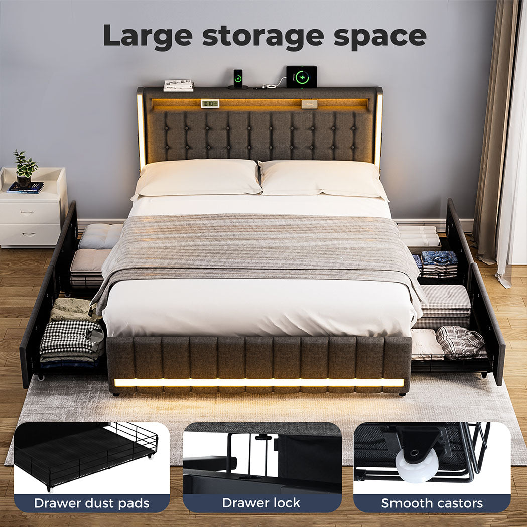Bed Frame RGB LED Headboard with Drawers