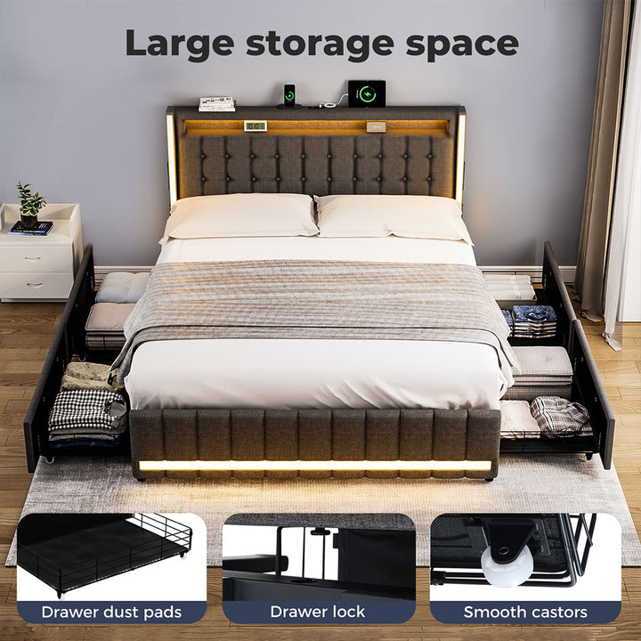 Bed Frame RGB LED Headboard with Drawers
